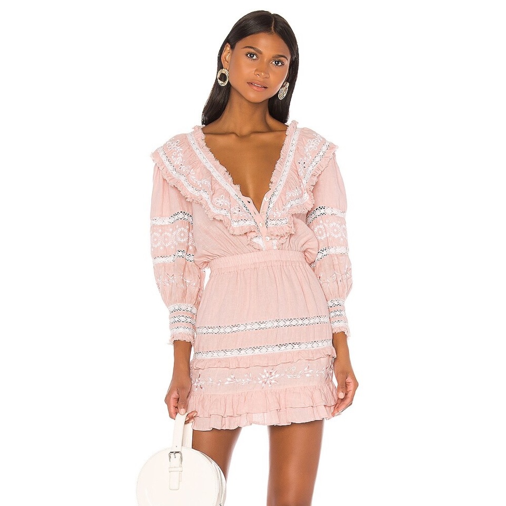 LoveShackFancy Deacon Eyelet-Trim Puff Sleeve Ruffle Linen Mini Dress